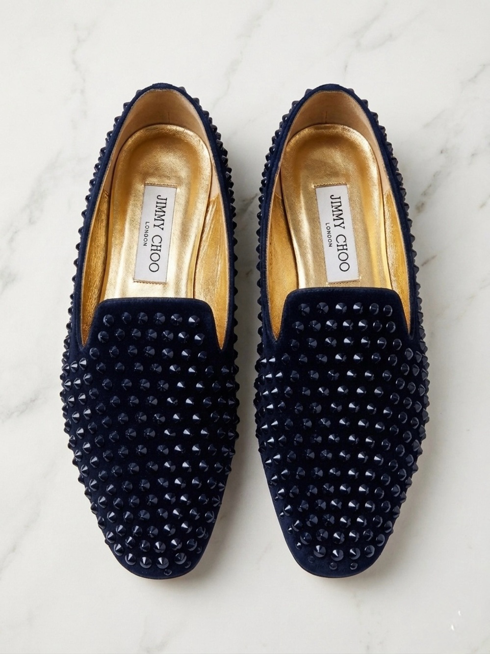 Jimmy Choo Navy Blue Crystal Studded Velvet Loafers Size 39 Designer Luxury Fall